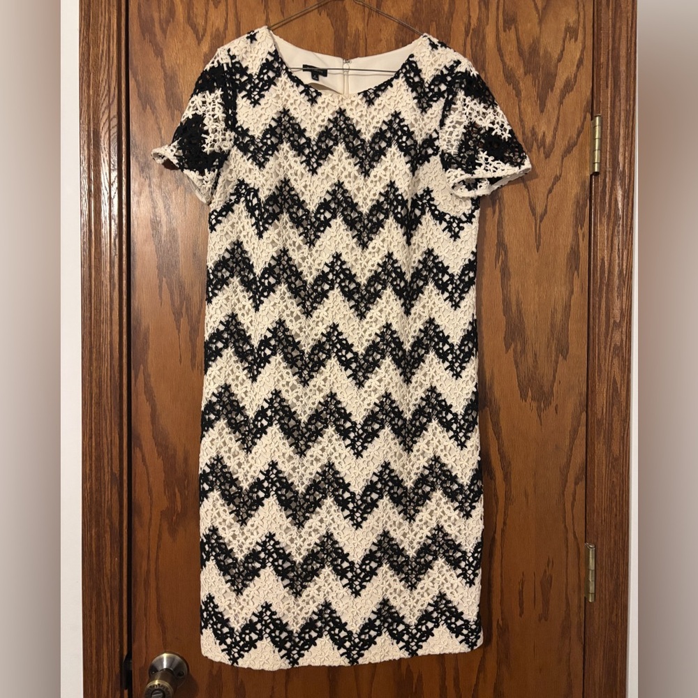 SALE!! NWOT Talbots Size 8 Black and Ivory Chevron Lace Overlay Sheath Dress.